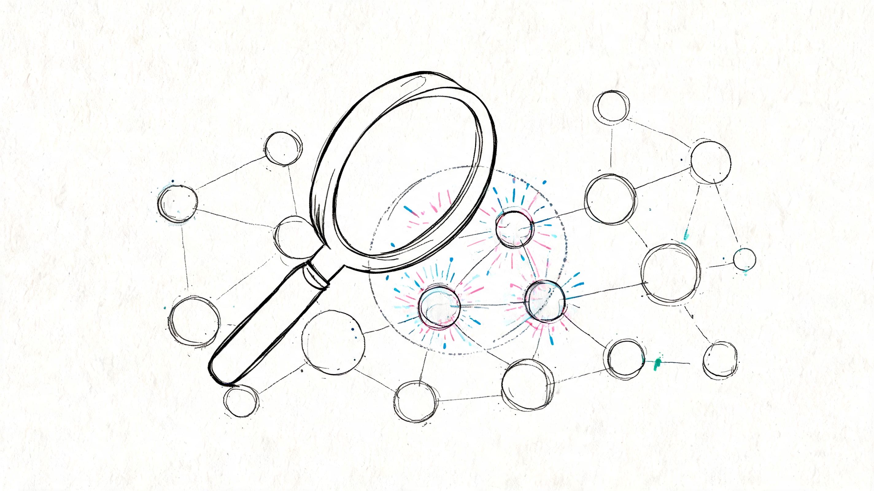 A magnifying glass focusing on a complex network of nodes, illustrating data analysis and customer experience optimization.
