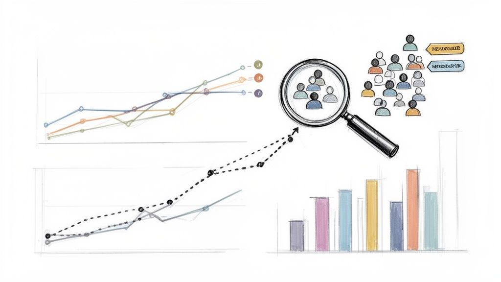 Representación visual del análisis de datos de plantilla con gráficos, métricas y un grupo de personas ampliado.