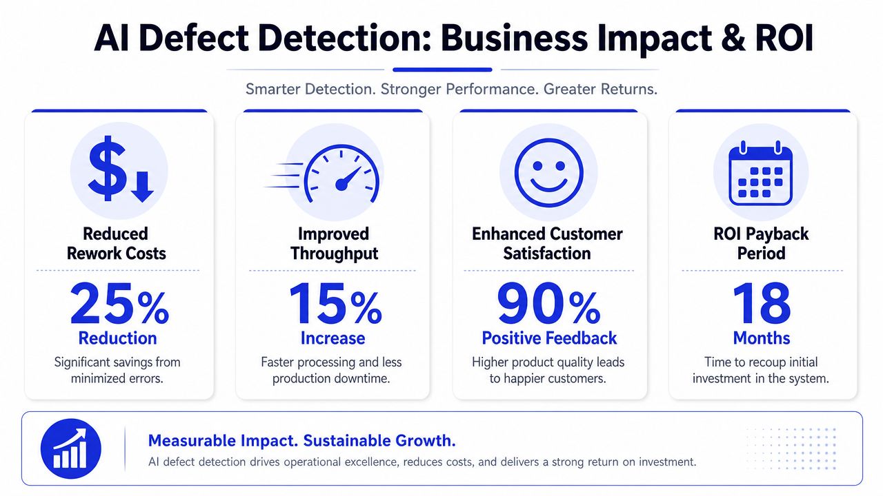 An infographic illustrating the business benefits and ROI of AI-powered defect detection in manufacturing processes.