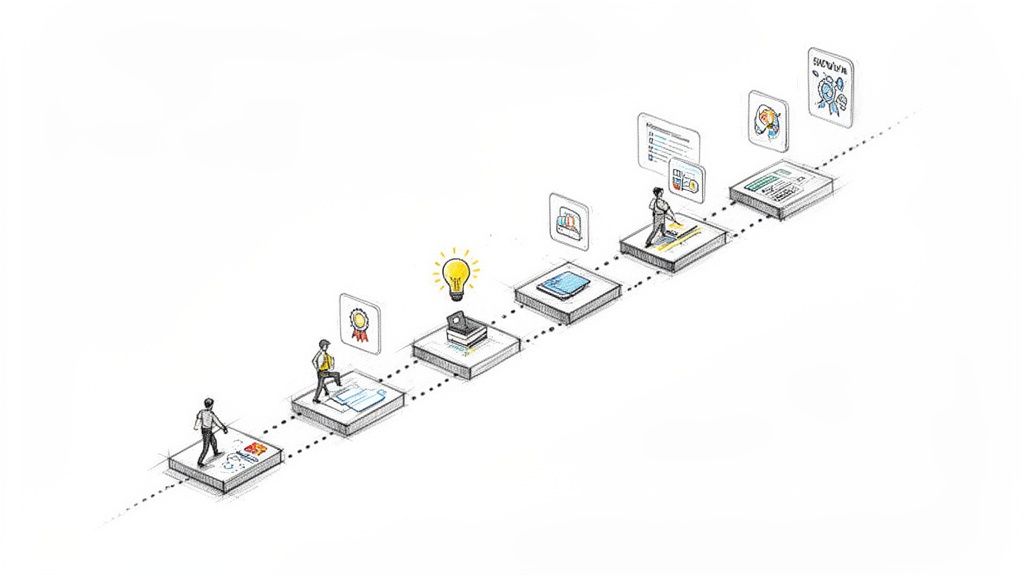 Diagrama de flujo de proceso ilustrado que muestra personas avanzando por etapas de ideación, planificación y logro.