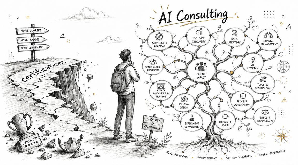 A conceptual illustration of a person choosing between academic certifications and practical AI consulting expertise.