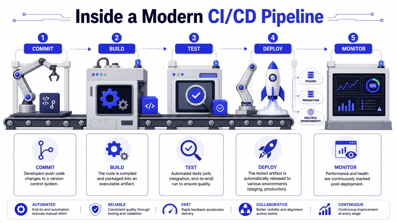 Diagrama que ilustra as cinco fases de um pipeline CI/CD moderno, desde o commit do código até à monitorização final.