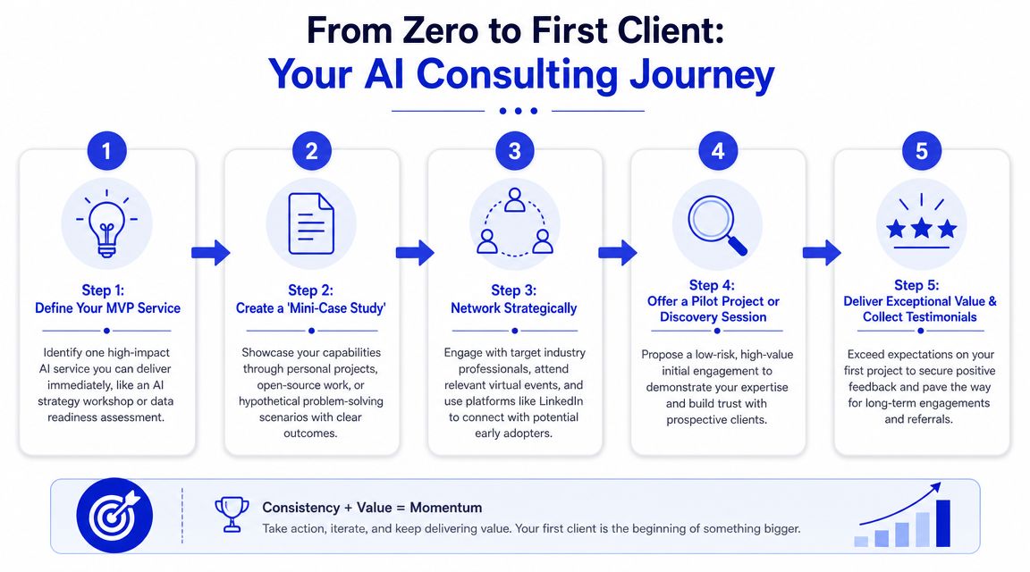 A five-step roadmap infographic guiding individuals on how to acquire their first client as an AI consultant.