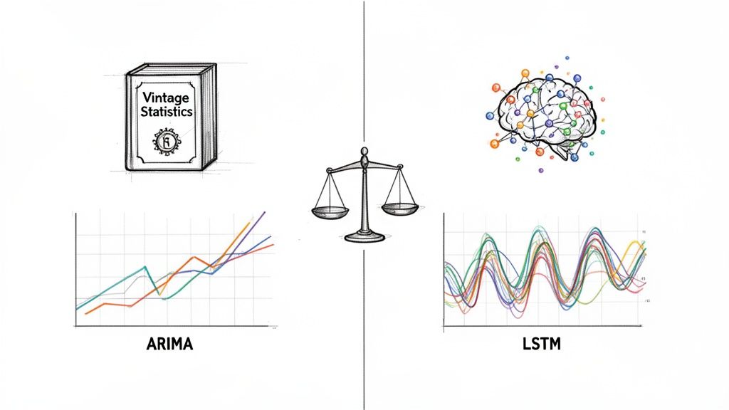 Uma balança a comparar métodos estatísticos tradicionais (ARIMA) e aprendizagem profunda (LSTM) para previsão de séries temporais.