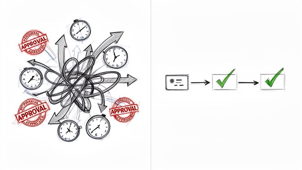 Chaotic vs. streamlined workflow: a complex approval process with clocks and stamps versus a simple, efficient one.