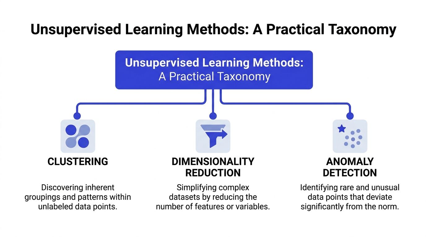 Um diagrama que ilustra uma taxonomia de métodos de aprendizagem não supervisionada, incluindo clustering, redução de dimensionalidade e deteção de anomalias.