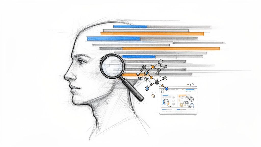 Esboço de uma cabeça humana com barras de dados, uma lupa e um diagrama de rede, simbolizando análise e insights.