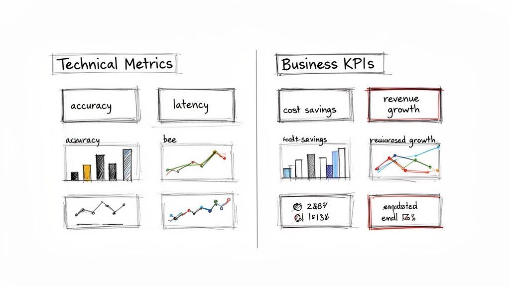 A whiteboard diagram categorizing technical metrics and business KPIs with various charts and data points.