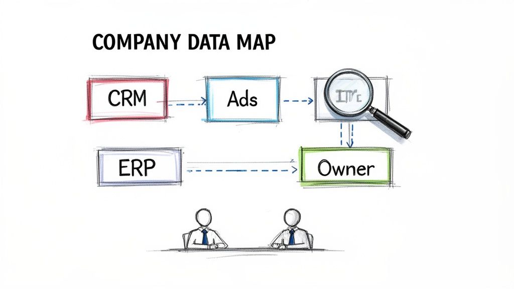 Company data map illustrating data flow from CRM and ERP systems to Ads, IMC, and an Owner.