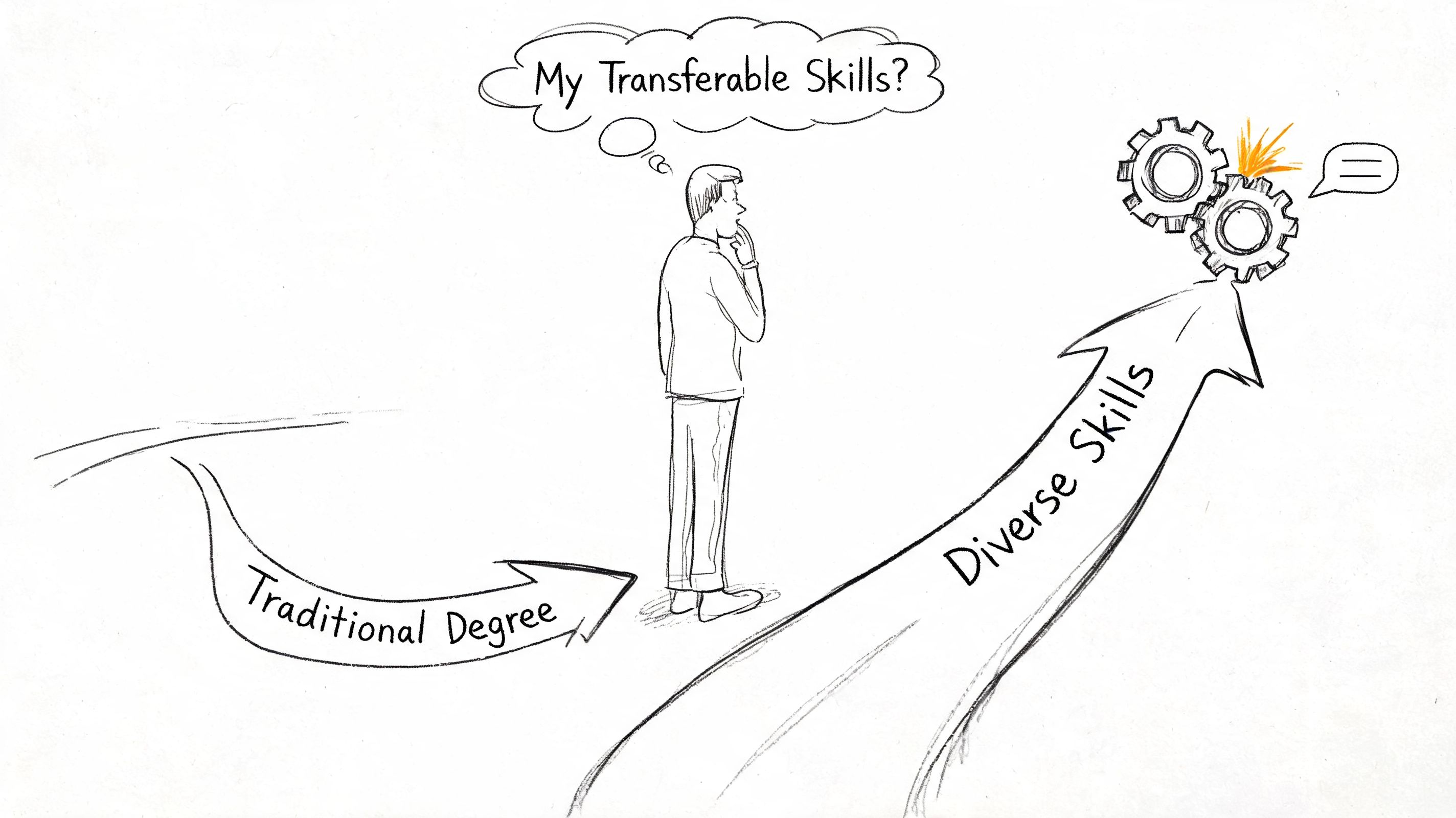 A person standing between a traditional degree path and a diverse skills arrow pondering transferable skills.