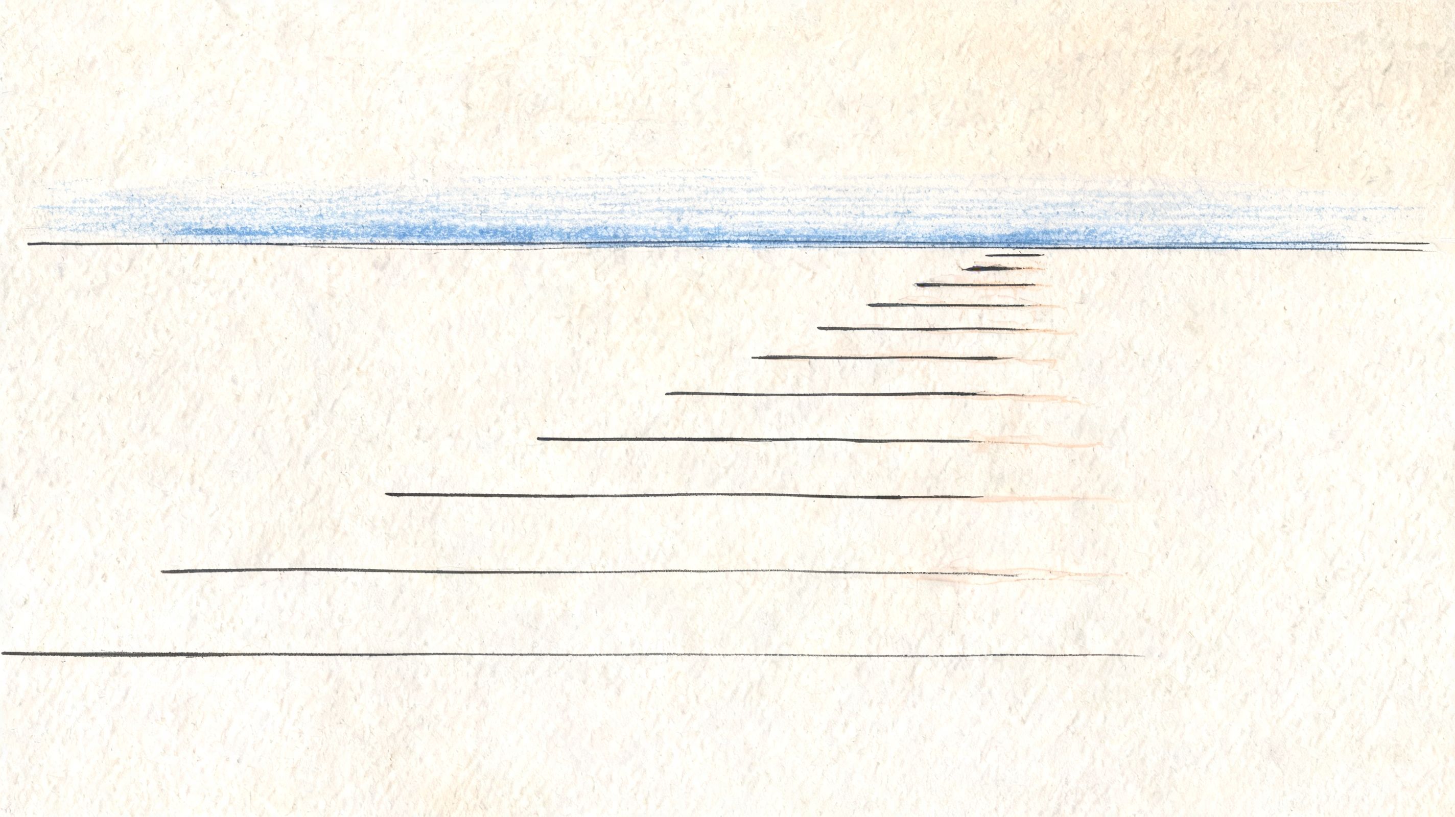 A minimalist abstract sketch featuring horizontal lines of varying lengths converging toward a single vanishing point.