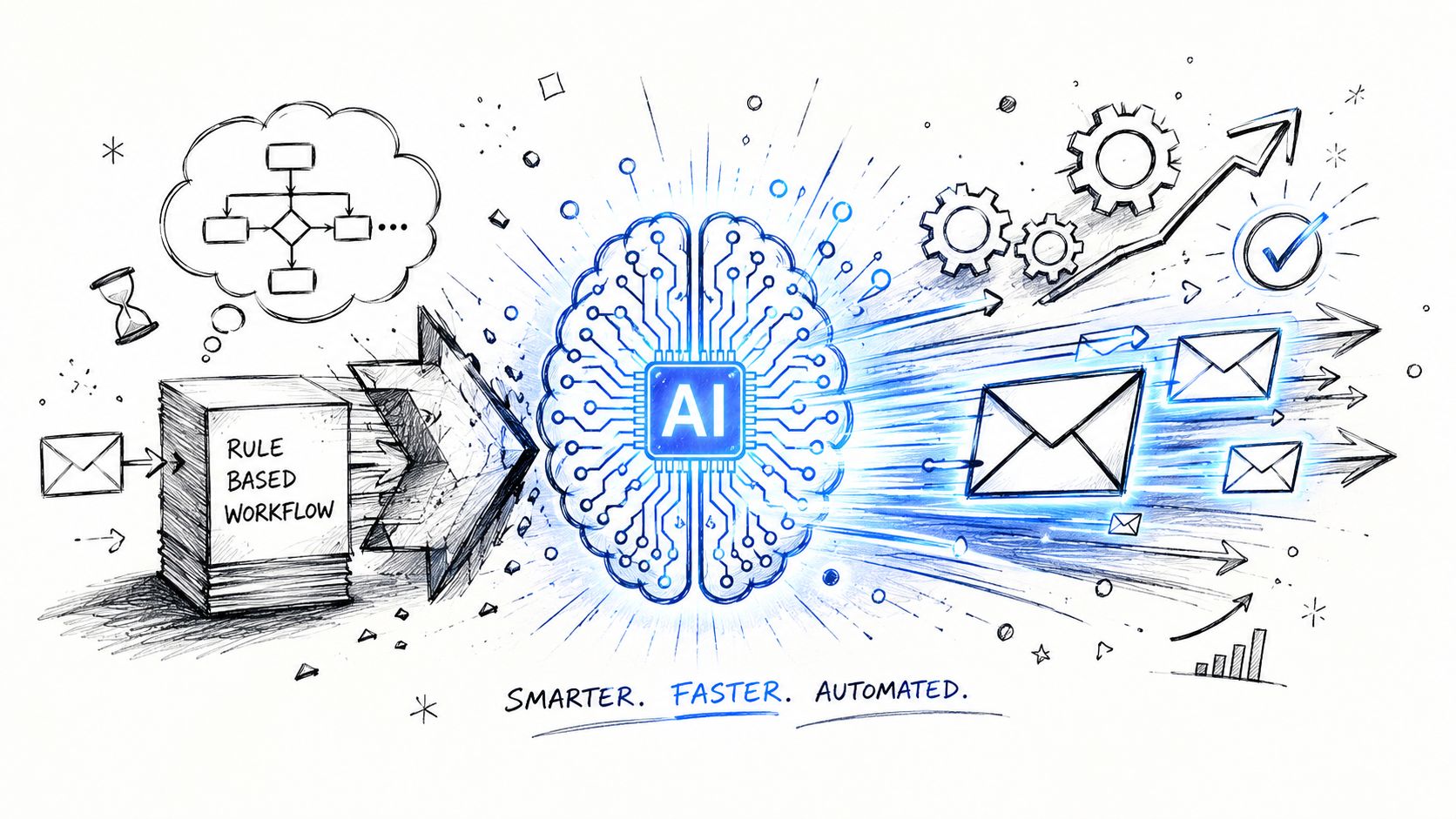 Ilustración dibujada a mano que muestra un flujo basado en reglas procesado por un cerebro de IA para generar correos automatizados.