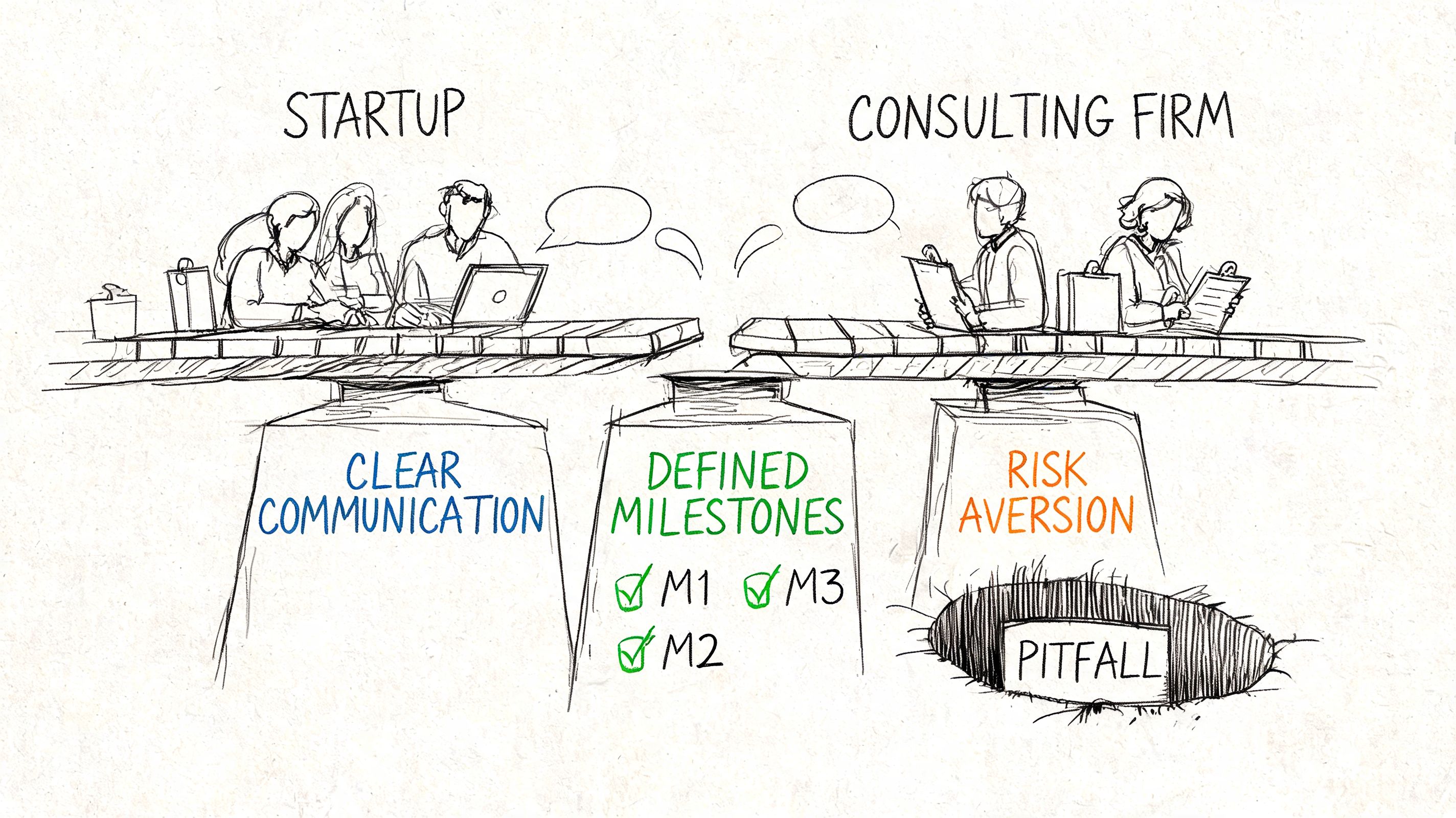 Esboço conceptual que ilustra uma ponte entre uma equipa de startup e uma consultora com os principais pilares de negócio.