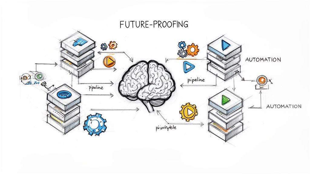 A diagram illustrating 'Future-Proofing' with technology stacks, pipelines, a brain, and automation processes.