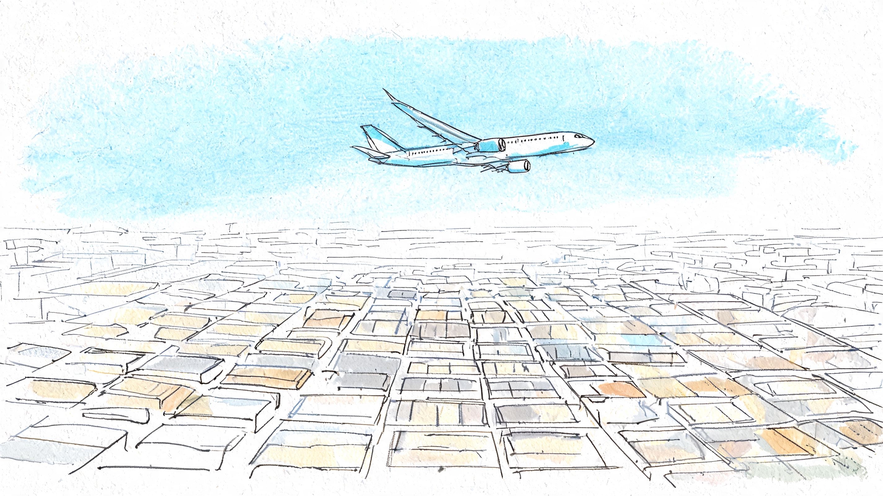 A conceptual sketch of an airplane flying over a vast, grid-like urban landscape viewed from above.