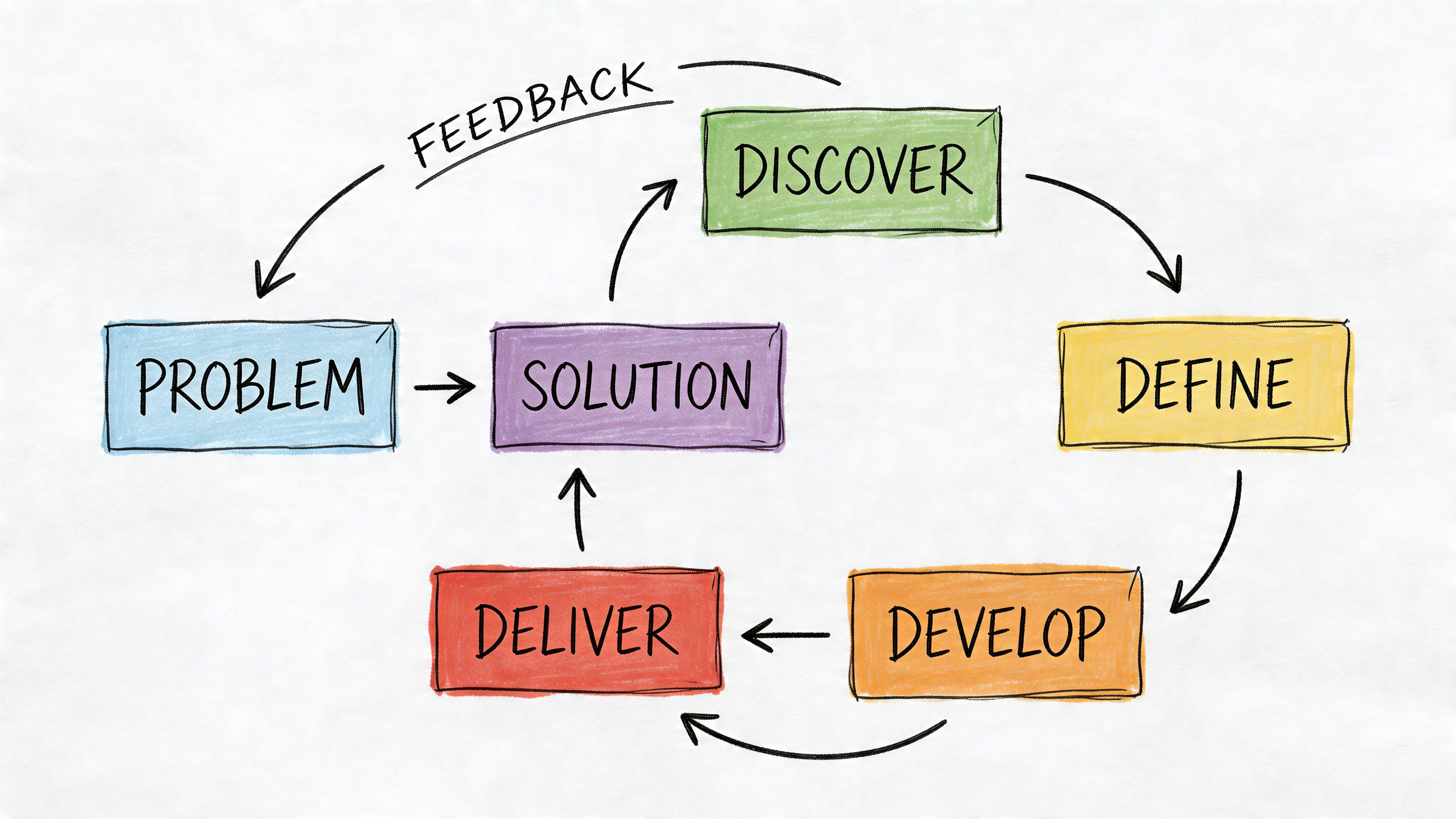 A colorful hand-drawn flowchart illustrating the business design process through iterative steps like discover, define, develop, and deliver.