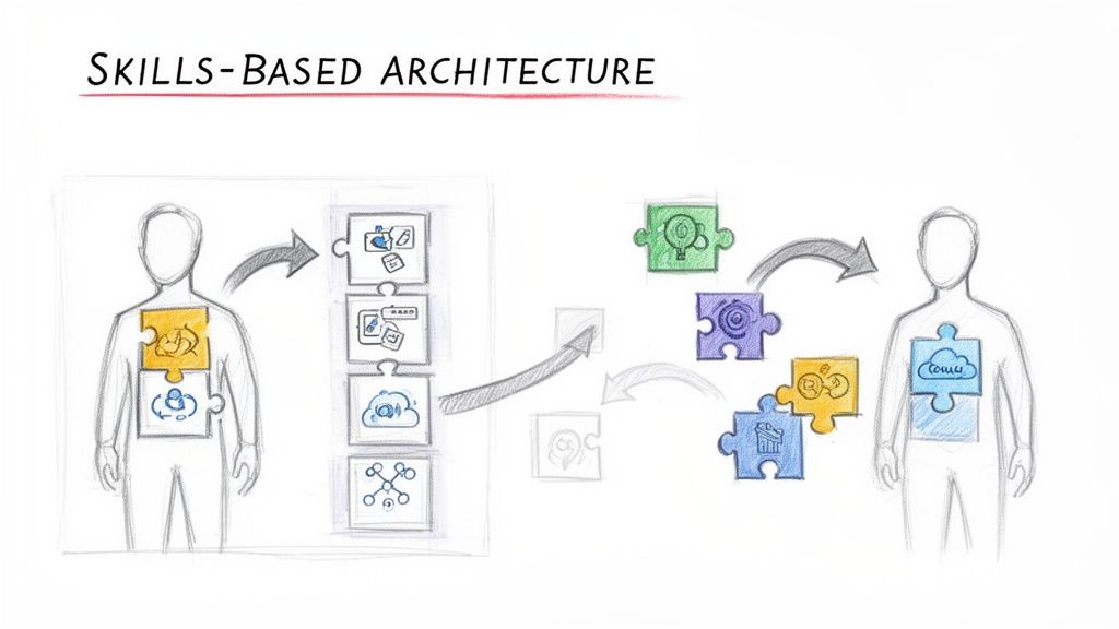 Diagrama de arquitectura basada en competencias que ilustra cómo las habilidades individuales se mapean y reensamblan para los roles de plantilla.