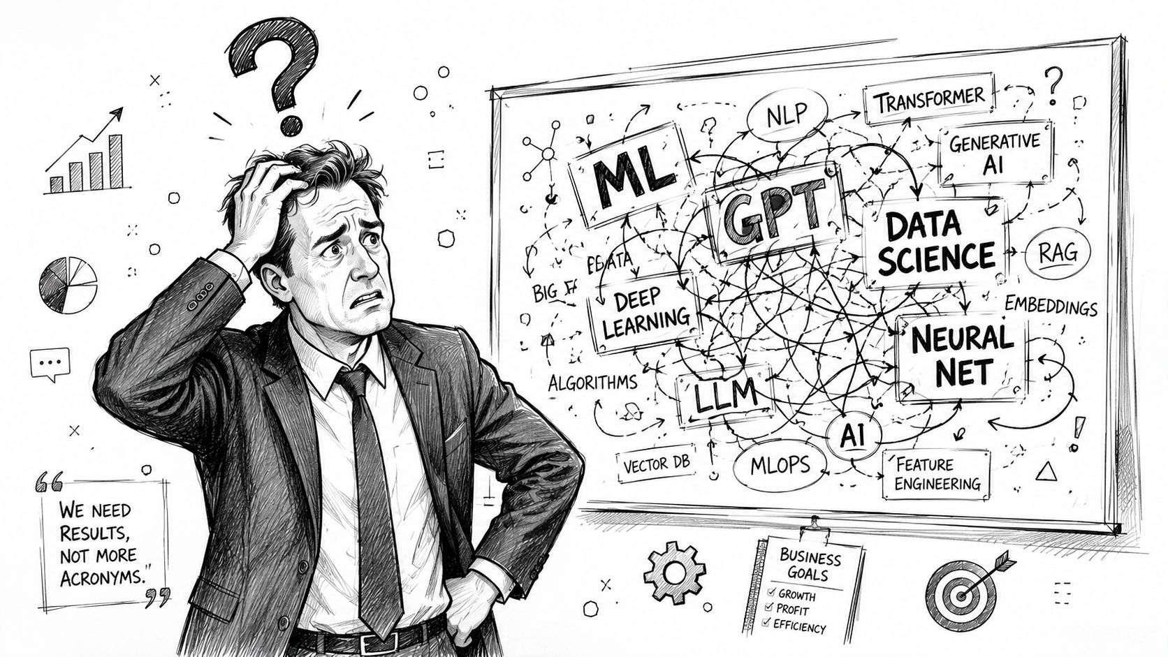 A confused businessman looks at a whiteboard covered in complex AI terms and technical acronyms.