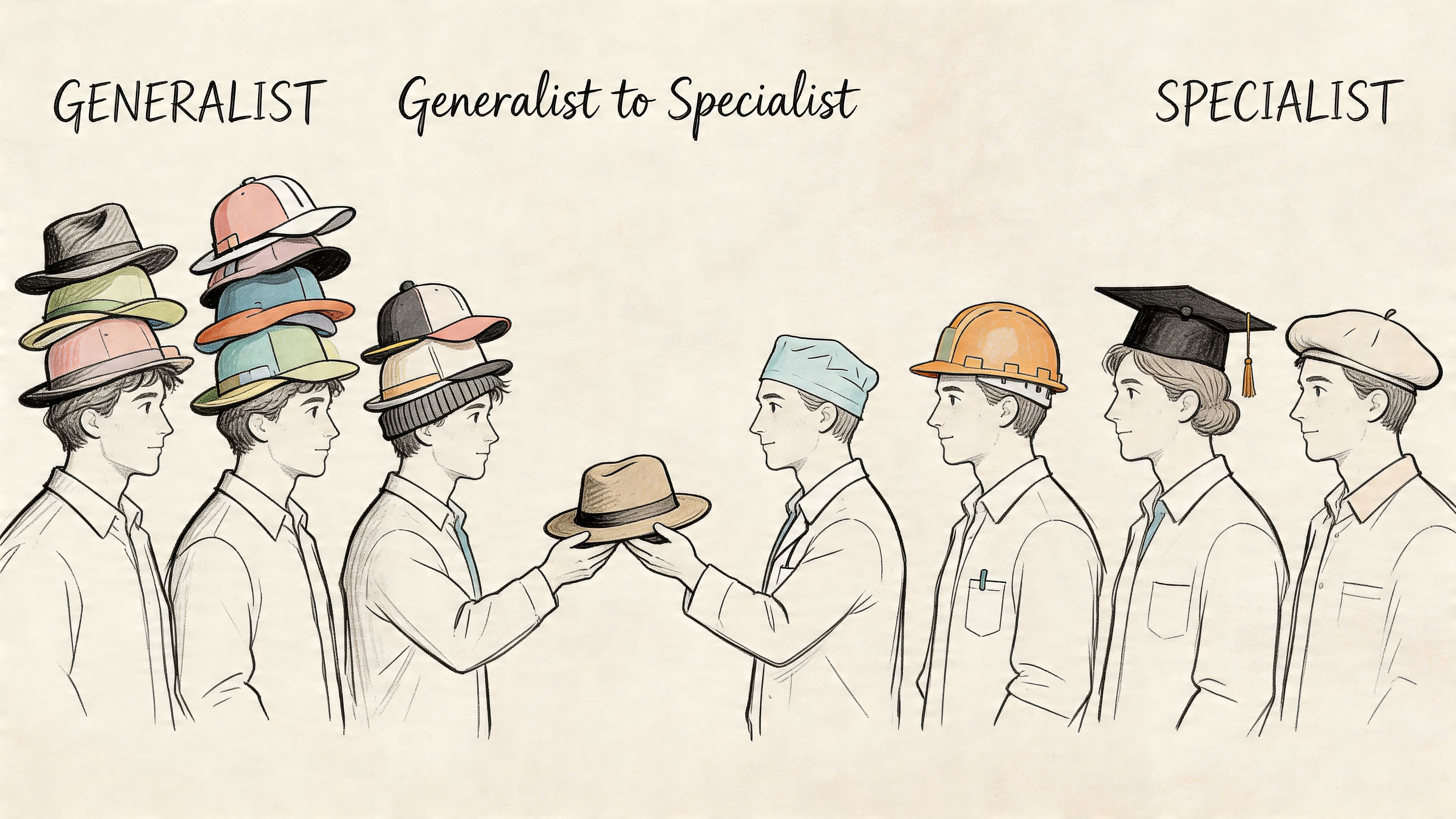Ilustración conceptual que representa la transición de un generalista con muchos sombreros a un profesional especializado.