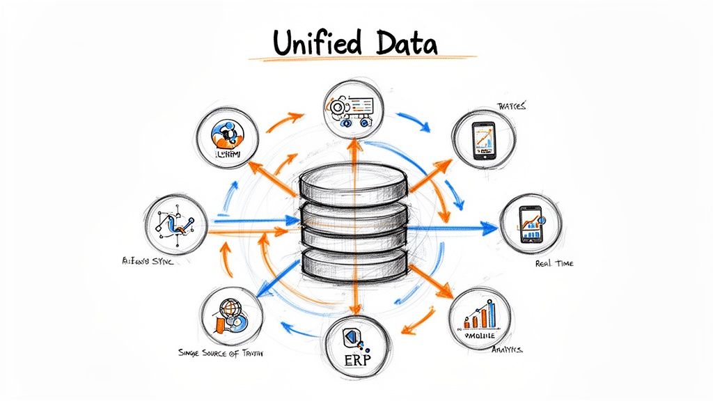 A diagram illustrating unified data as a central stack, connecting CRM, ERP, mobile analytics, and real-time systems.