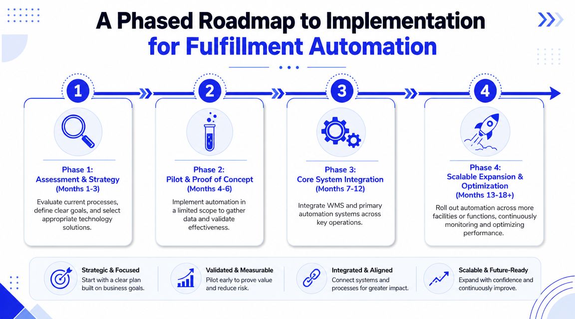 Diagrama de hoja de ruta en cuatro fases que detalla los pasos estratégicos para implementar la automatización del cumplimiento en operaciones empresariales.