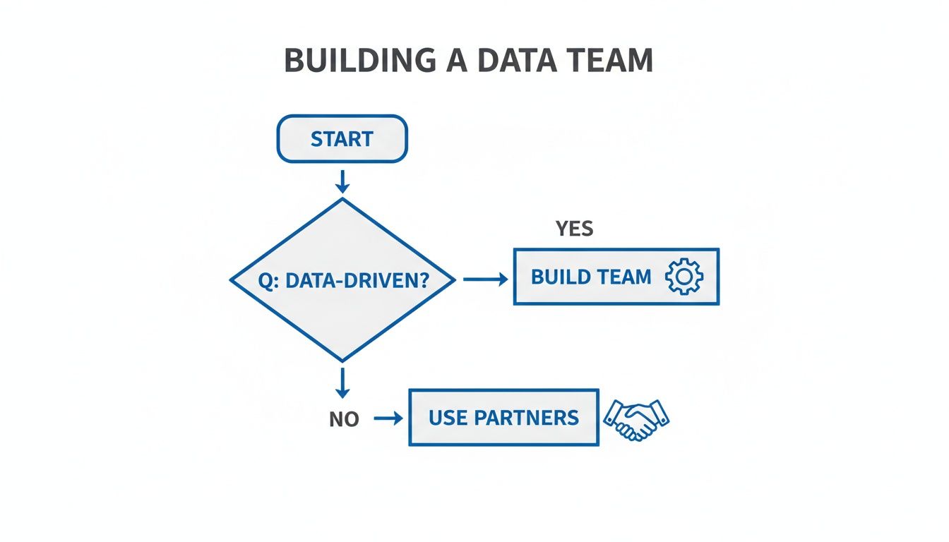 Flowchart illustrating the decision process for building a data team based on data-driven status.