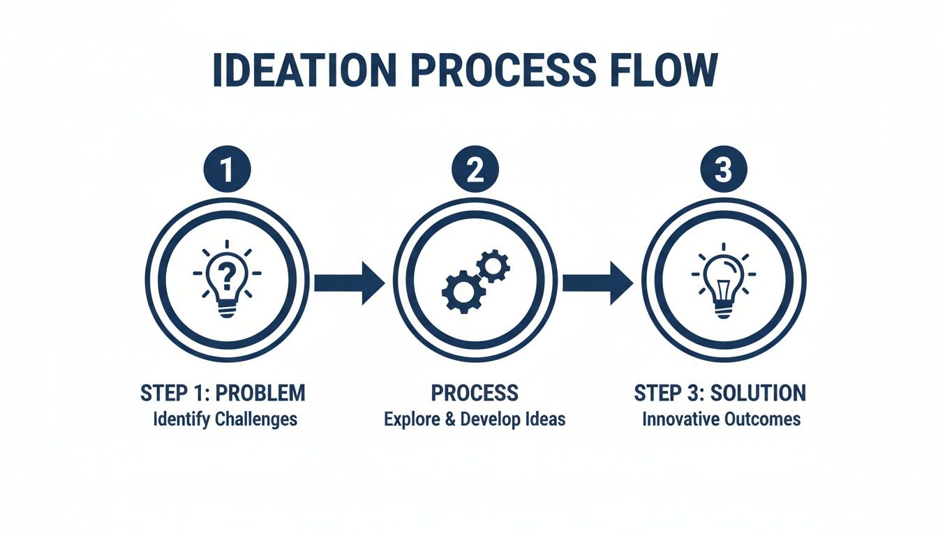 Diagrama de fluxo de processo de ideação em três etapas, ilustrando a identificação do problema, o desenvolvimento de ideias e a solução.