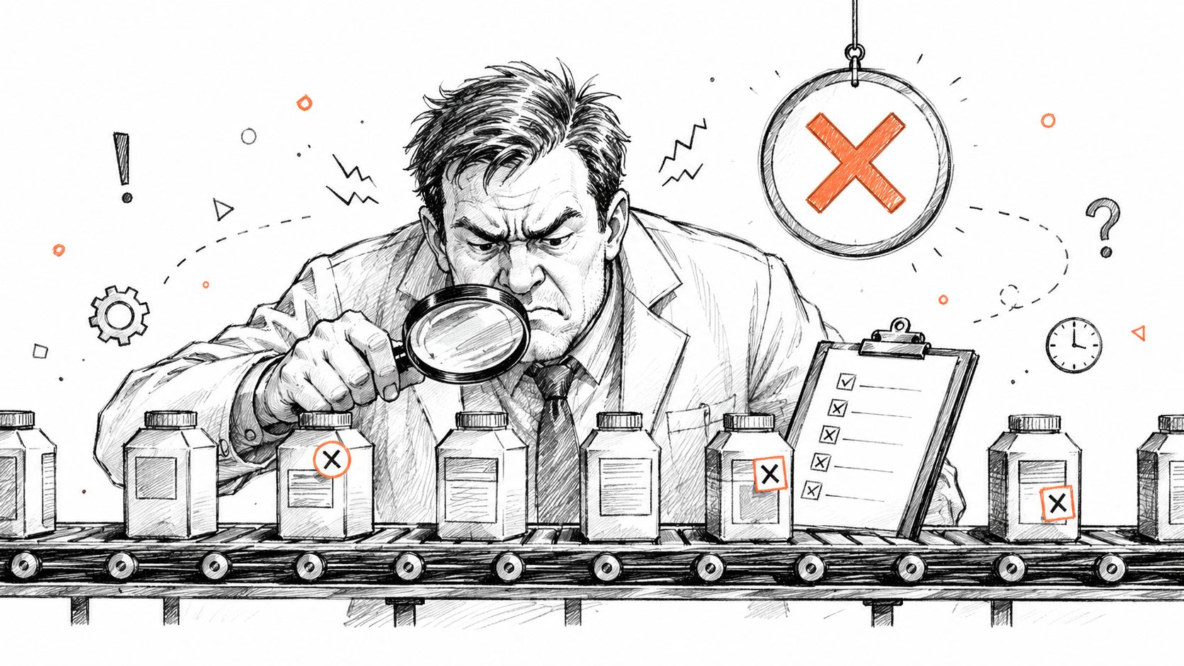 A factory inspector using a magnifying glass to check products on a conveyor belt for defects.