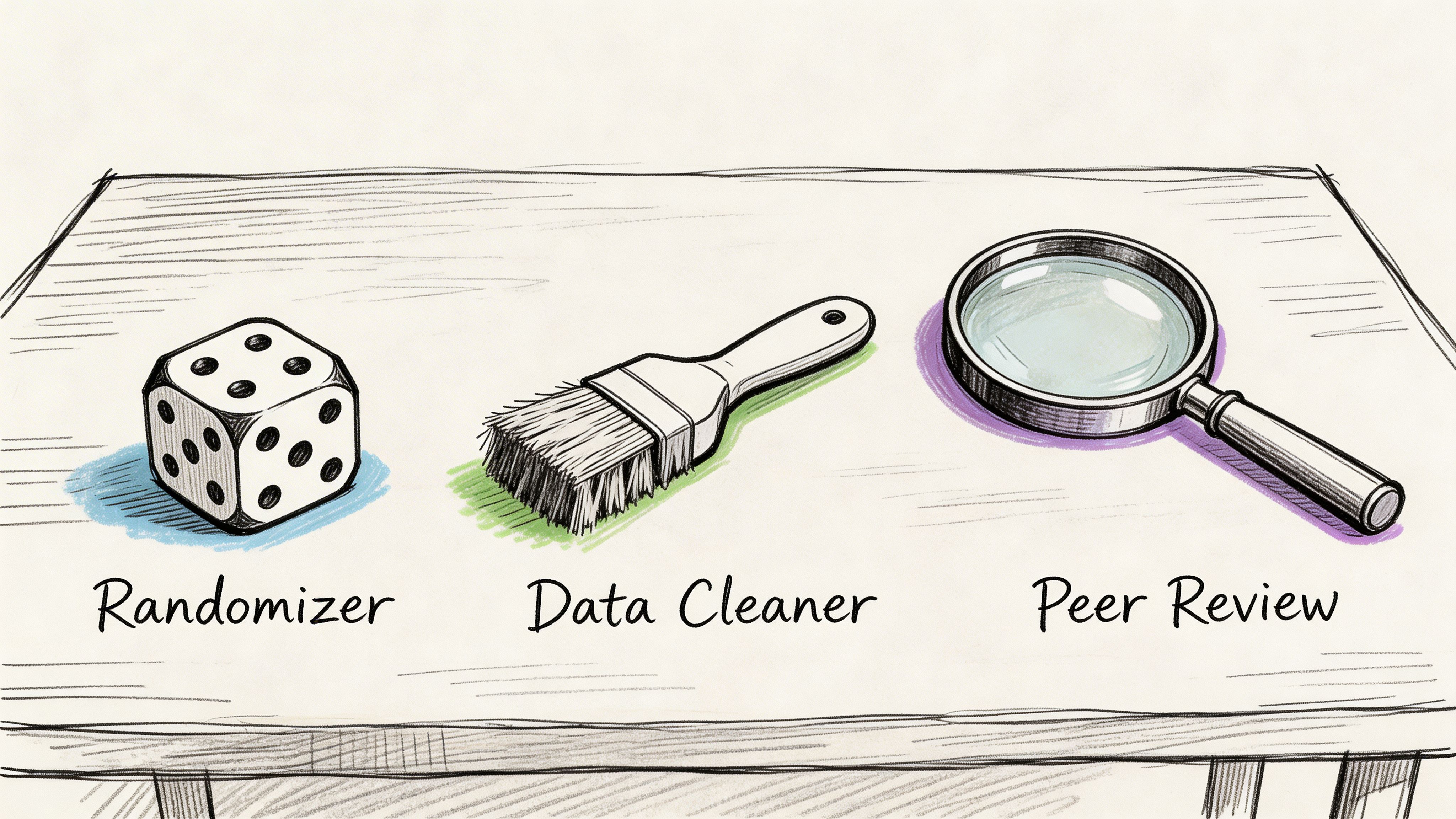 A hand-drawn illustration showing a die, a brush, and a magnifying glass labeled respectively.