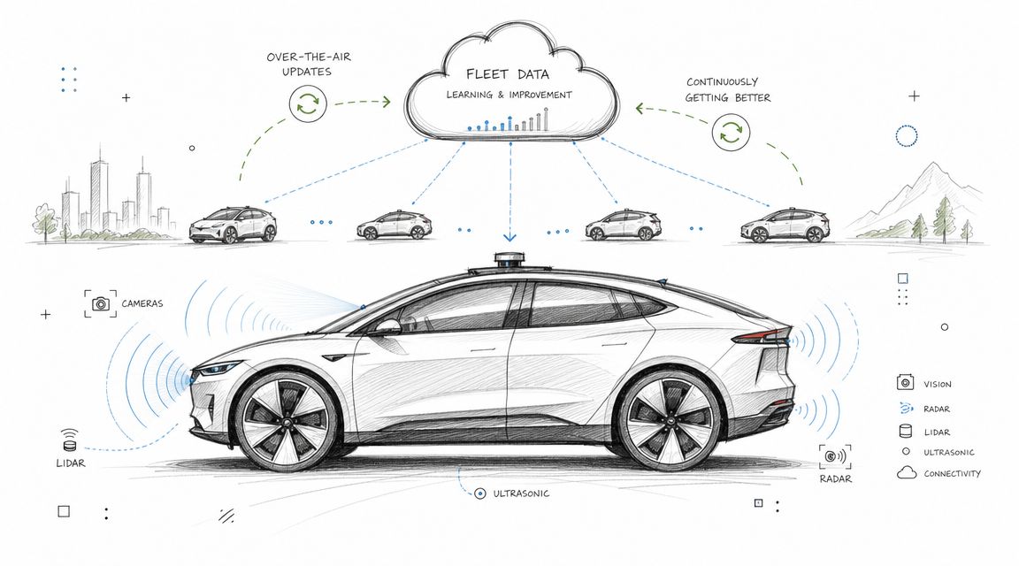 A conceptual diagram illustrating an autonomous vehicle connected to a fleet data cloud for software improvements.