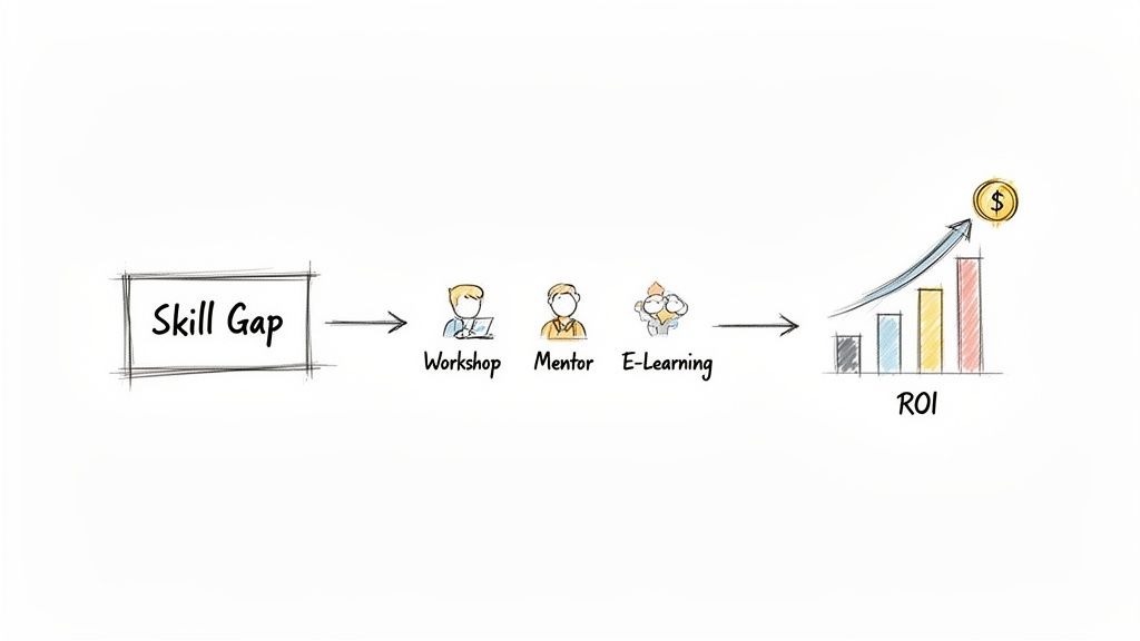 Flowchart illustrating skill gap resolution through workshop, mentor, and e-learning leading to increased ROI.