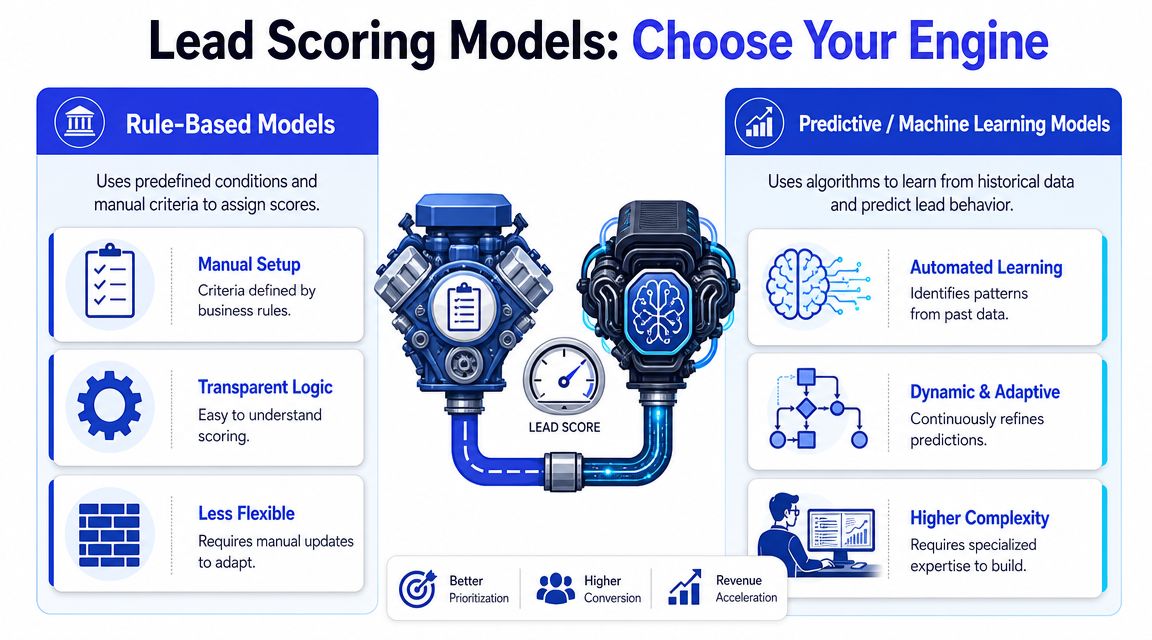 Gráfico comparativo que mostra modelos baseados em regras versus modelos preditivos de machine learning para scoring de leads de negócio.