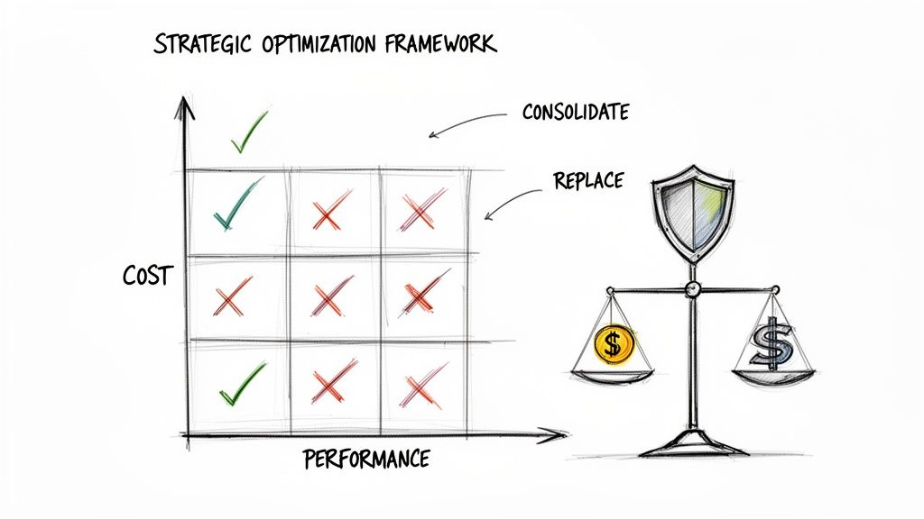 A strategic optimization framework visualizes a cost-performance matrix and a balance scale for resource allocation.