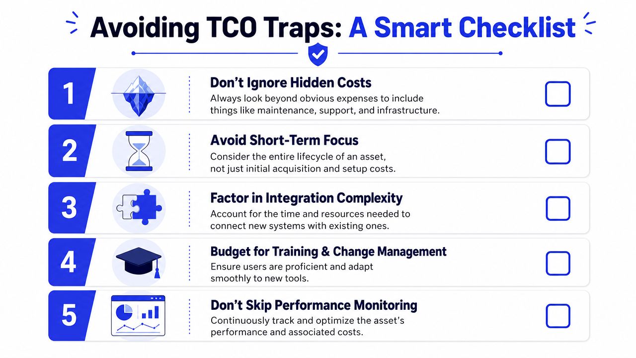A checklist infographic titled Avoiding TCO Traps, listing five key considerations for managing total cost of ownership.