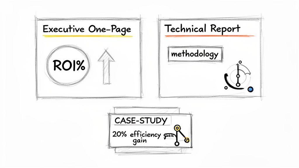 Três diagramas desenhados à mão ilustram resumos executivos, relatórios técnicos e estudos de caso com métricas-chave.
