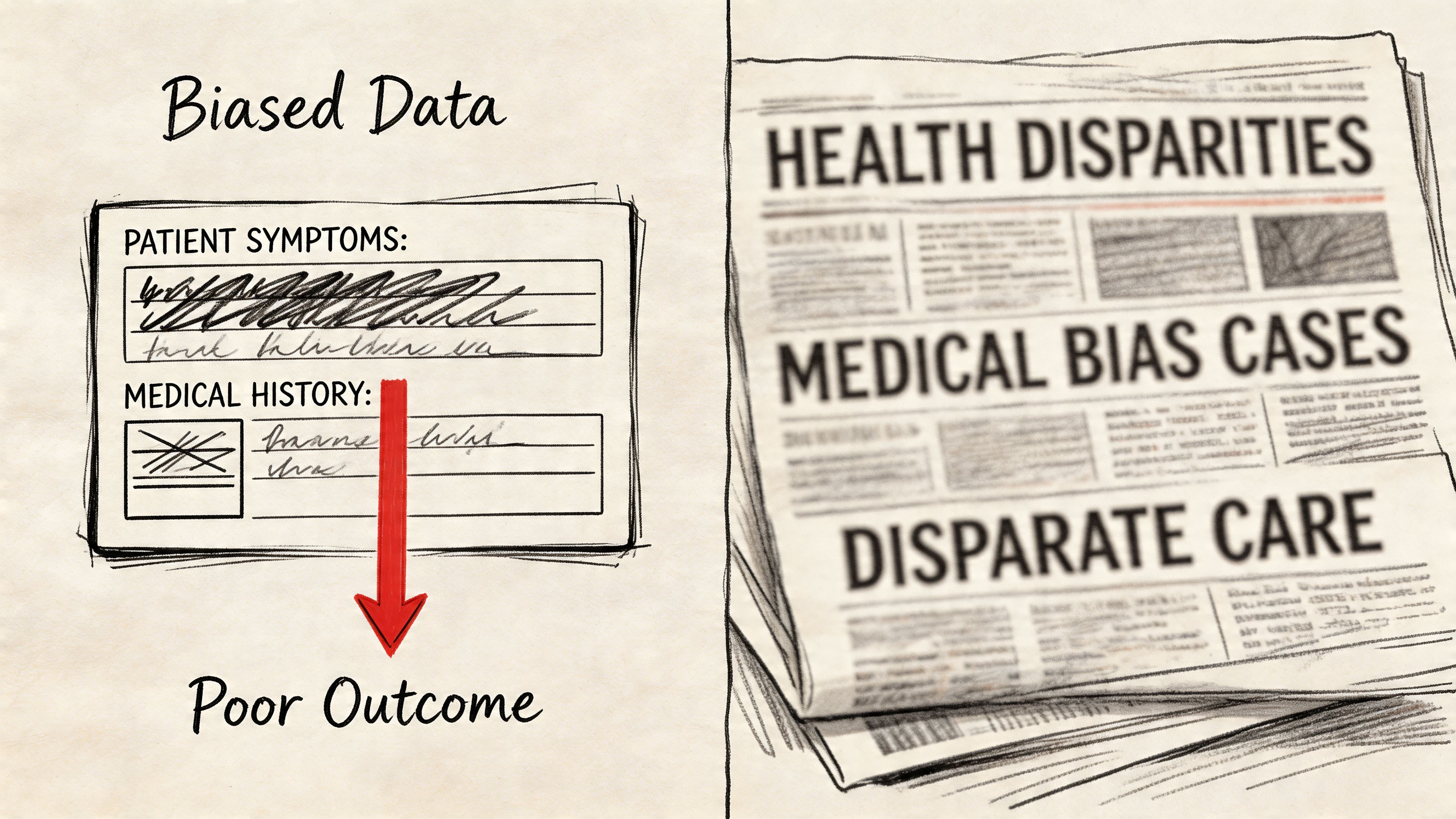 Uma ilustração que mostra dados médicos tendenciosos a conduzir a maus resultados de saúde e notícias sobre disparidades sistémicas nos cuidados de saúde.