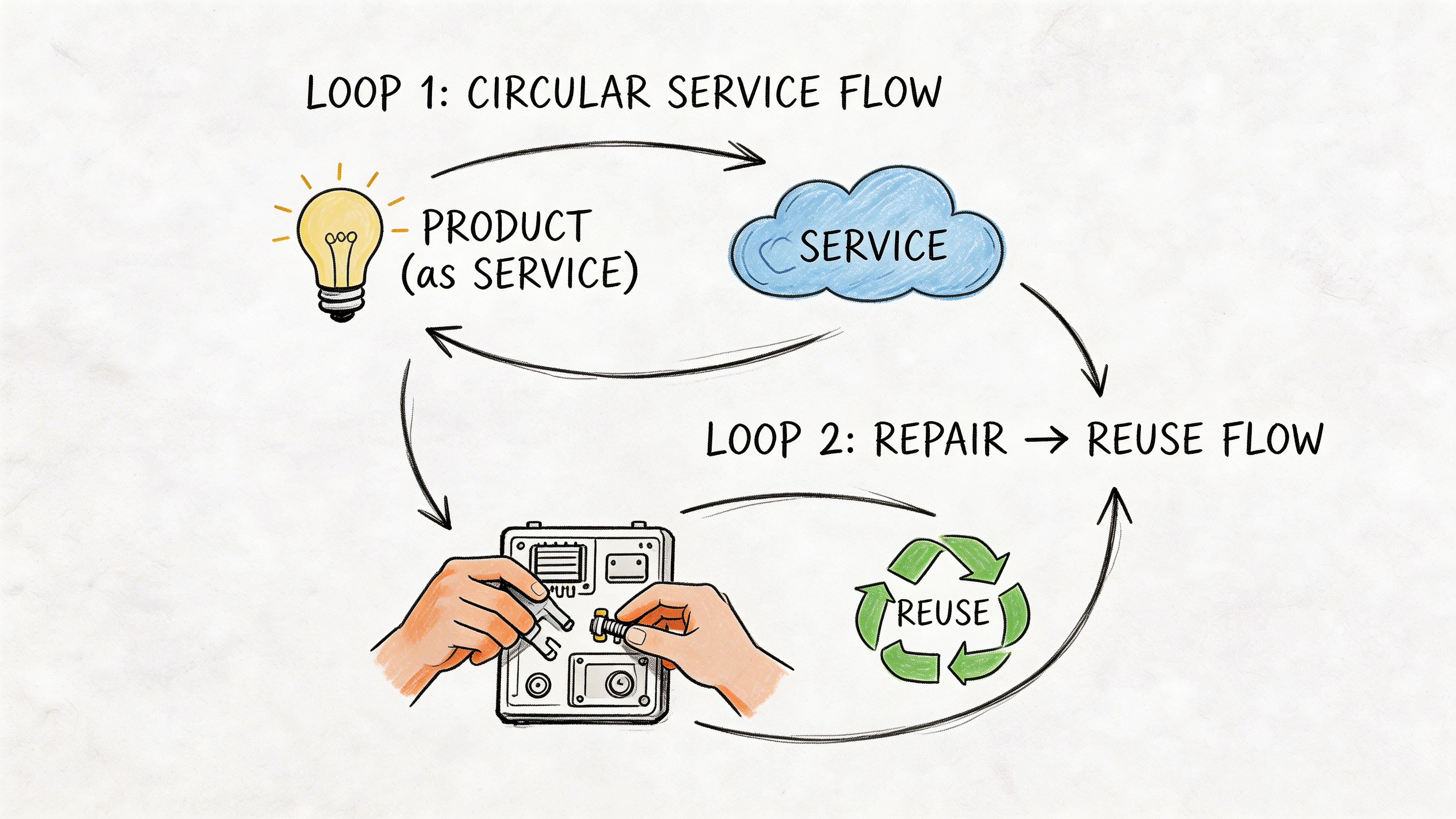 Diagrama que ilustra dois ciclos representando modelos de negócio circulares, incluindo processos de serviço, reparação e reutilização.