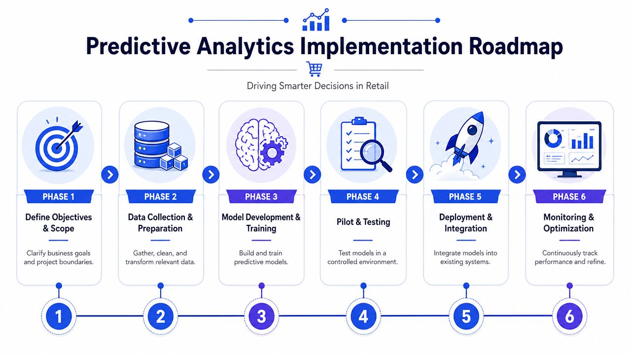Hoja de ruta de seis fases para implementar analítica predictiva en retail, que ilustra el proceso desde la definición de objetivos hasta la optimización.