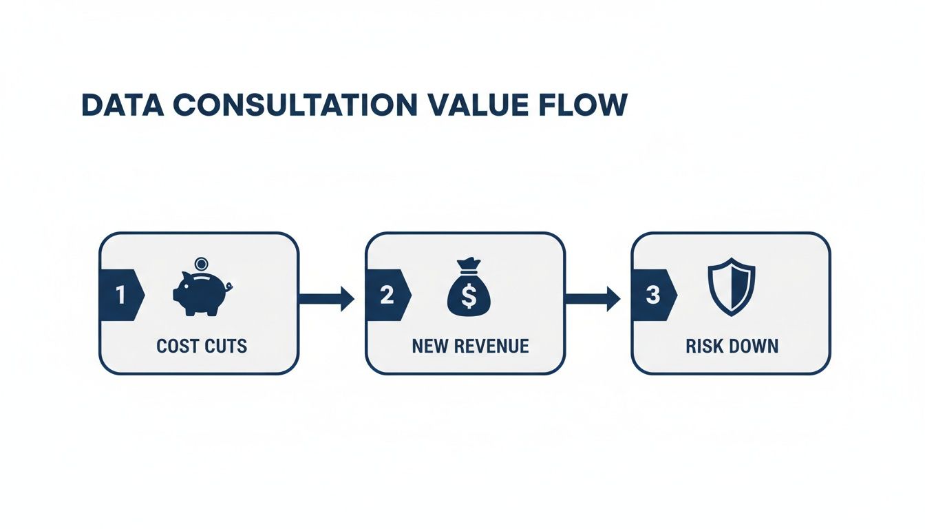 Fluxograma que mostra o fluxo de valor de uma consultoria de dados com as etapas: redução de custos, nova receita e redução de risco.