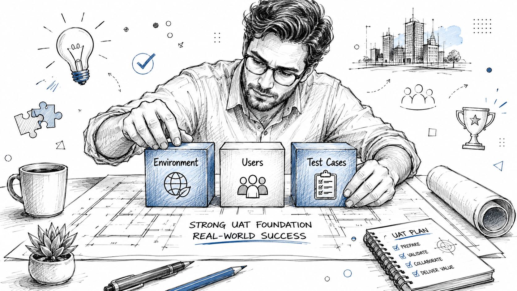 A professional drawing illustrating UAT foundation with cubes labeled Environment, Users, and Test Cases on a desk.