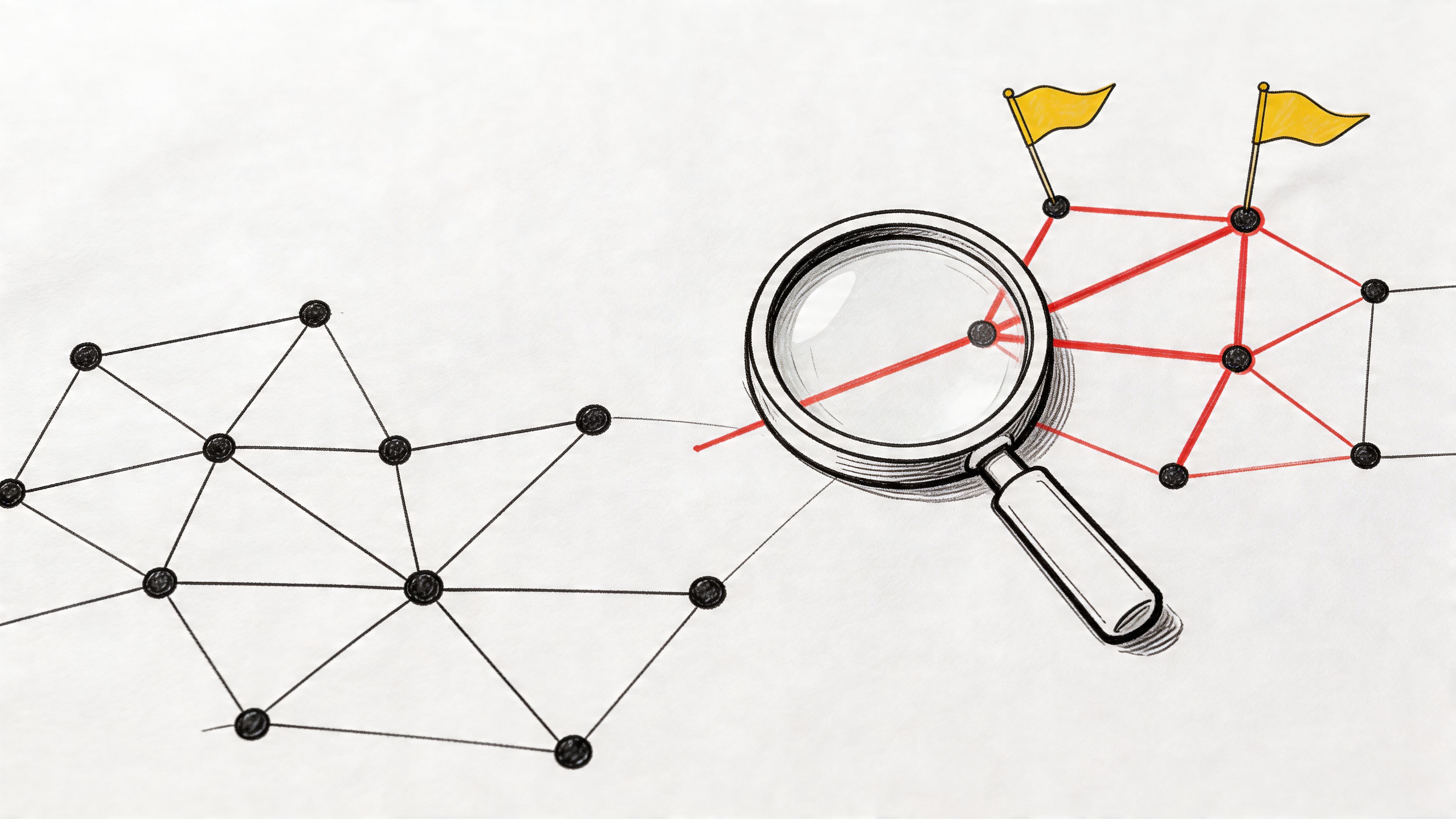 A magnifying glass focusing on a specific part of a complex network represented by black dots.
