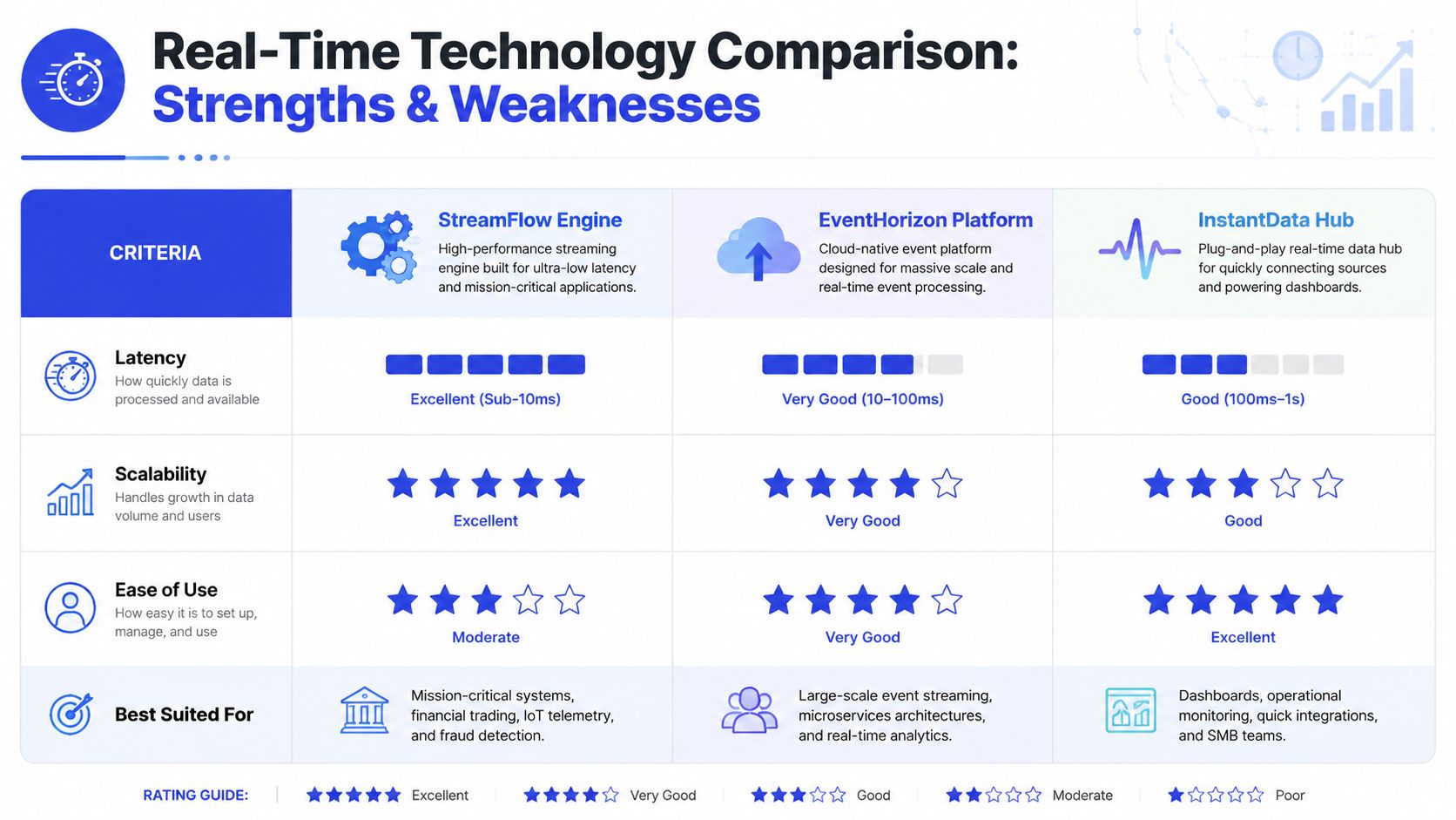 A comparison table detailing the performance strengths and weaknesses of StreamFlow Engine, EventHorizon Platform, and InstantData Hub.