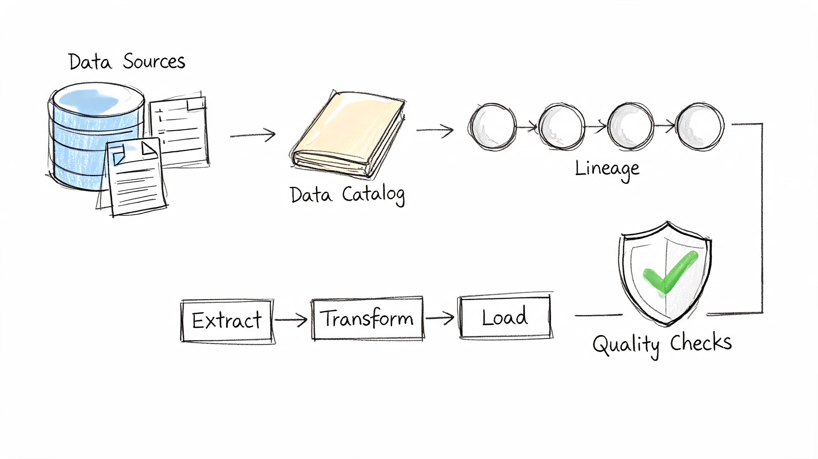 Diagrama desenhado à mão que ilustra um processo de pipeline de dados com fontes de dados, catalogação, linhagem, ETL e verificações de qualidade.