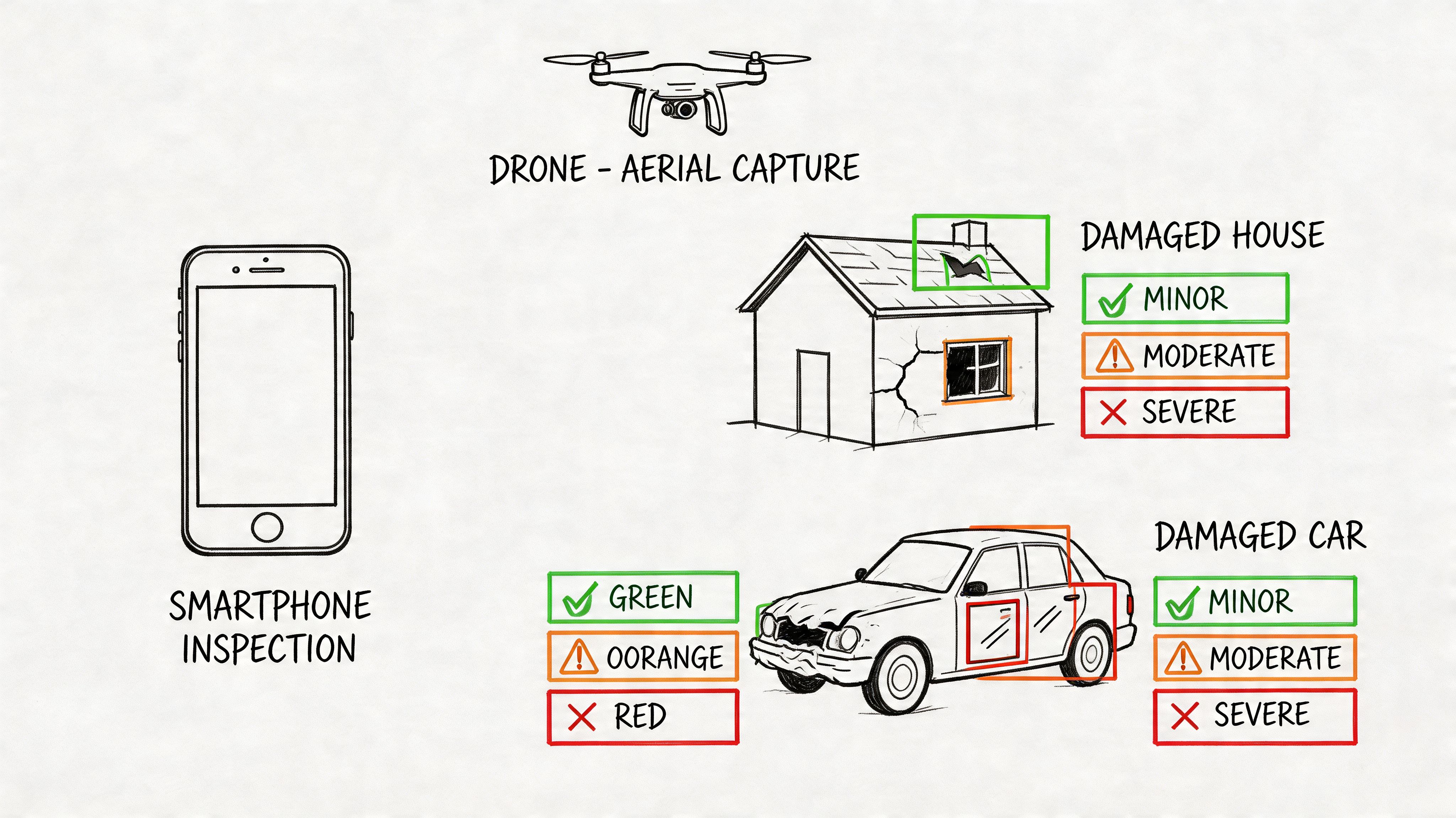 A diagram illustrating insurance technology inspection methods using a drone for houses and smartphones for vehicles.