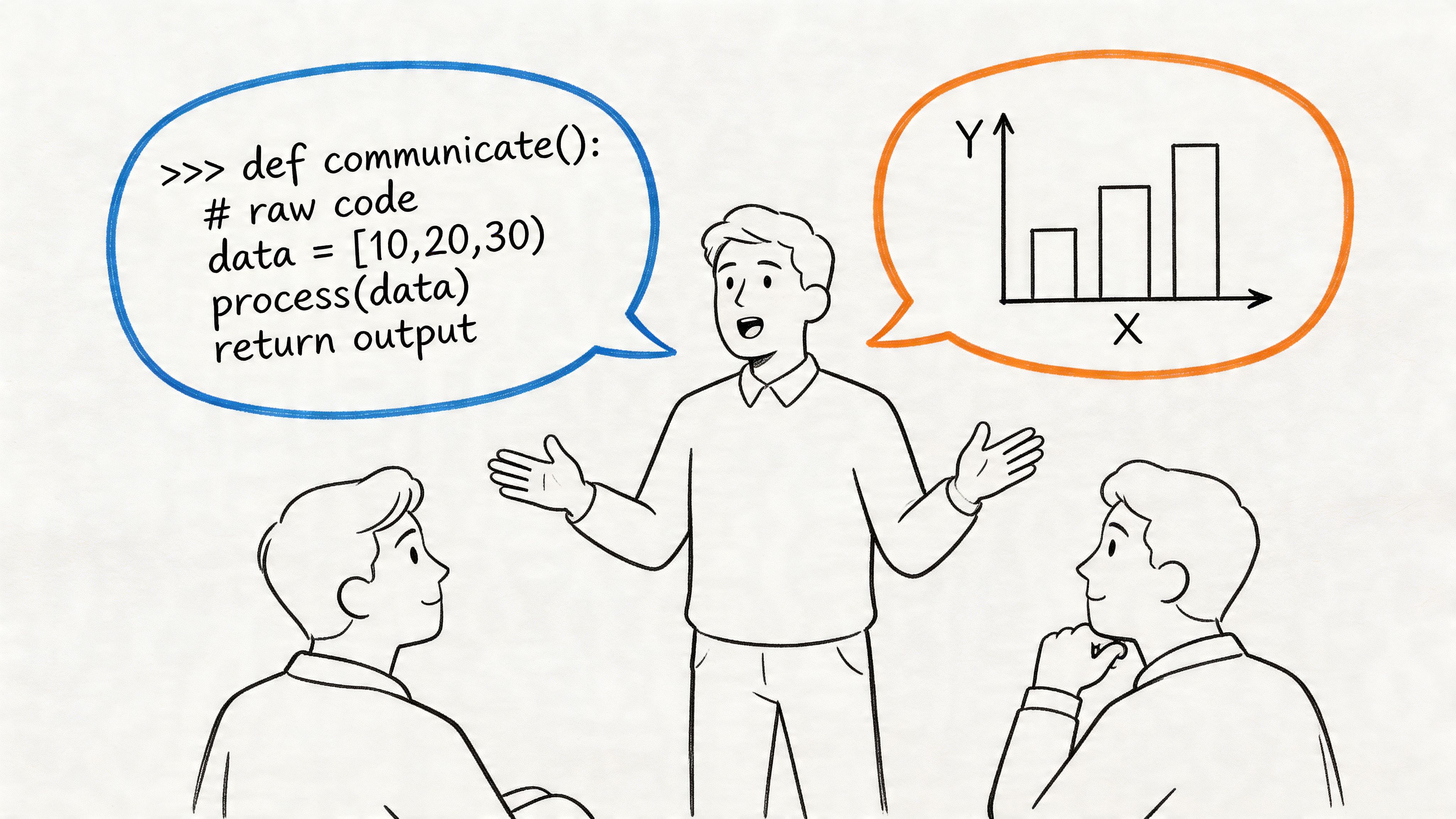 A person presenting a code function and data chart to colleagues during a collaborative business meeting.