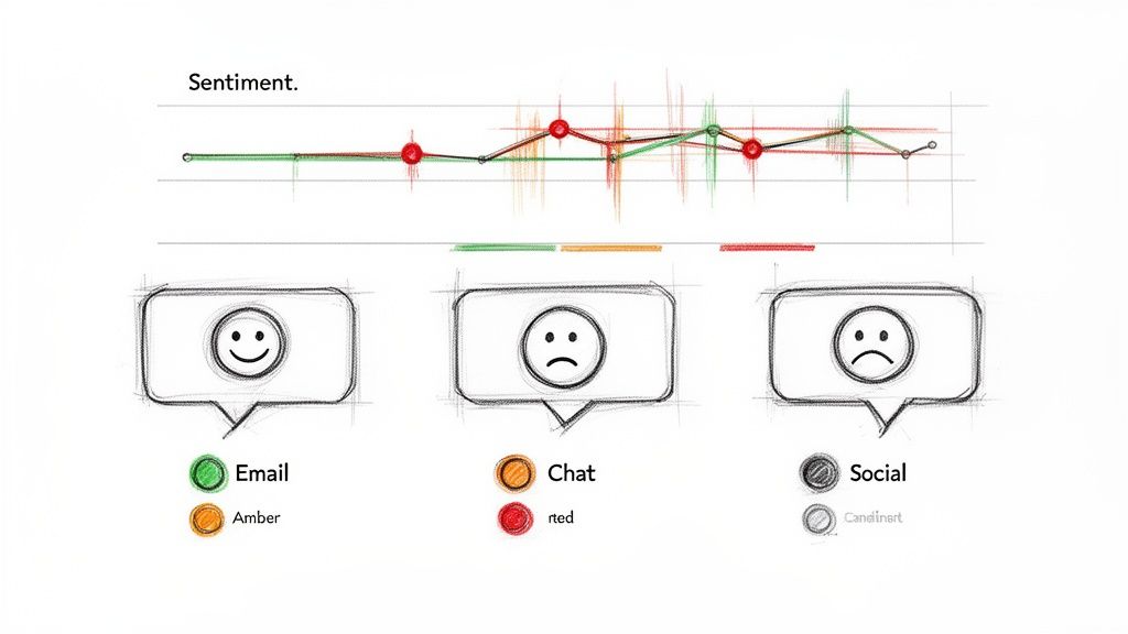 Esboço de análise de sentimento de clientes mostrando um gráfico, emojis de satisfação e insatisfação para canais de E-mail, Chat e Redes Sociais.