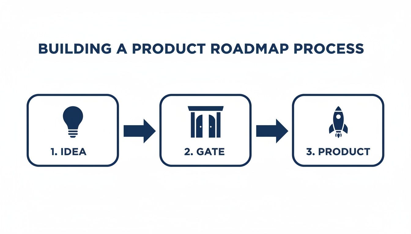 Diagrama com três passos do processo de roadmap de produto: Ideia, Gate e Lançamento no mercado.