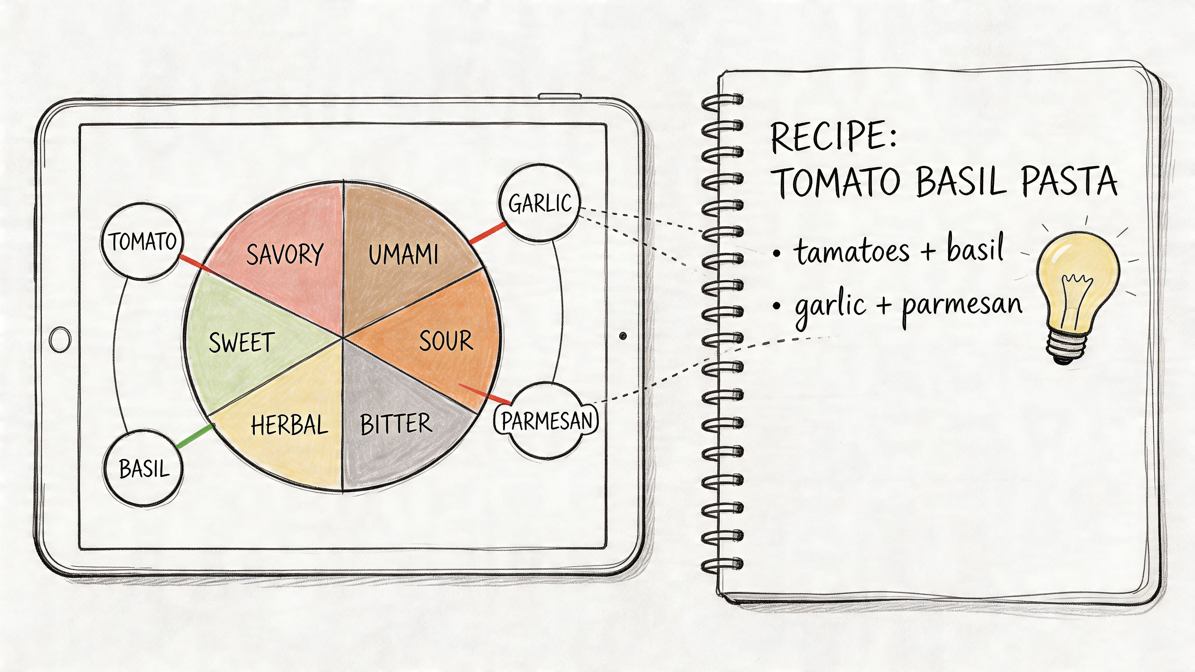 A digital tablet displaying a flavor wheel chart alongside a notebook listing tomato basil pasta ingredients.