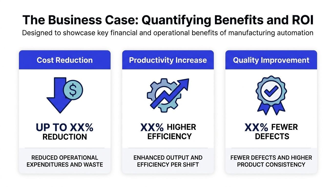 An infographic outlining the financial and operational benefits of manufacturing automation including cost reduction, productivity, and quality improvement.