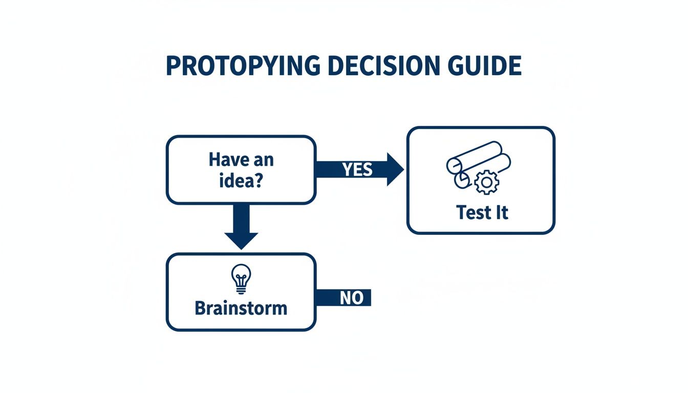 Diagrama de flujo para decidir sobre prototipos: ¿Tienes una idea? Sí lleva a Ponla a prueba, No a Haz una lluvia de ideas.
